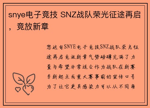 snye电子竞技 SNZ战队荣光征途再启，竞放新章